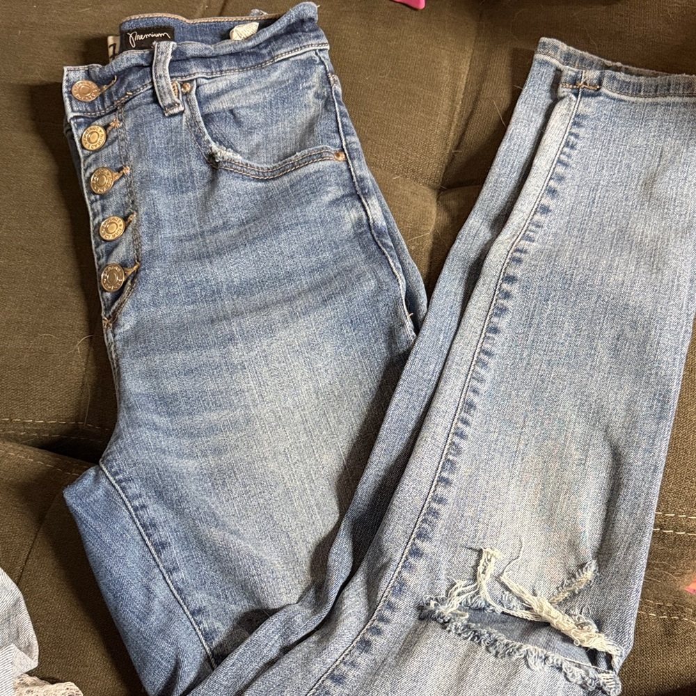 Garage Distressed Button Fly Skinny Jeans
